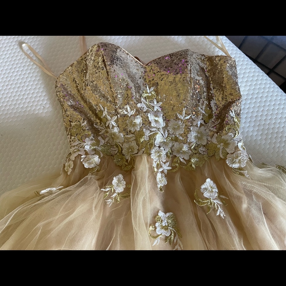 Gold floral short frilly prom dress